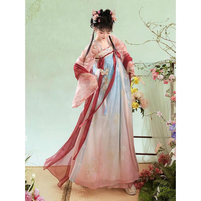 Womens Tang Dynasty Style Hanfu Set With Embroidered Floral Print Lightweight Chiffon Top High-Waist Skirt Daily Wear