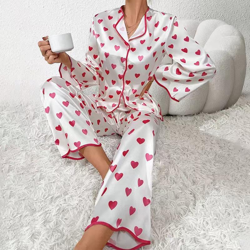 Heart Print Ice Silk Pajamas - Women's Long Sleeve Cardigan and Long Pants Set for Spring & Autumn.