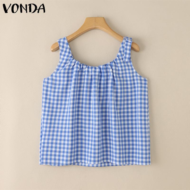VONDA Women Summer Bow Strap Sleeveless Plaid Print Casual Ruffled Tank Tops