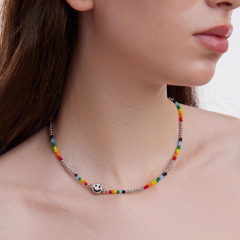 

S925 Sterling Silver Rainbow Dopamine Beaded Smiley Face Necklace for Women - Summer Style 925 Silver