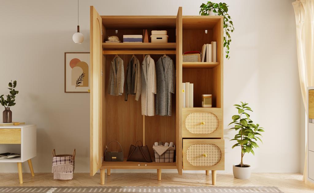 Wardrobe country house style oak 161x120x48 cm wood, 2 doors, 2 drawers, open shelves, with clothes rail, ideal for bedroom and hallway