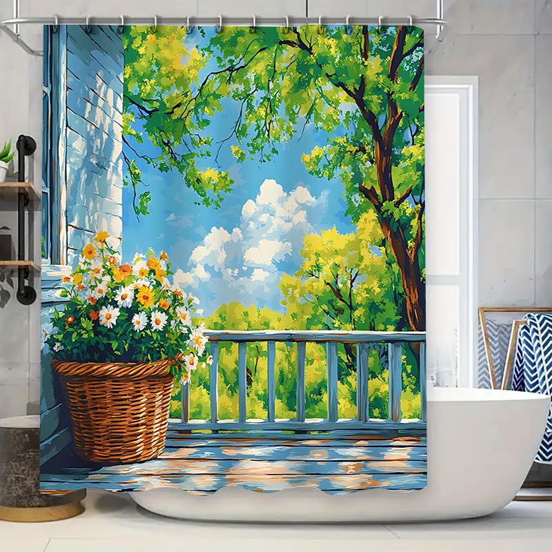 Artistic Balcony View Shower Curtain - Nature Scene with Sunflowers and Blue Sky  for Stylish Home Upgrade Waterproof  Durable