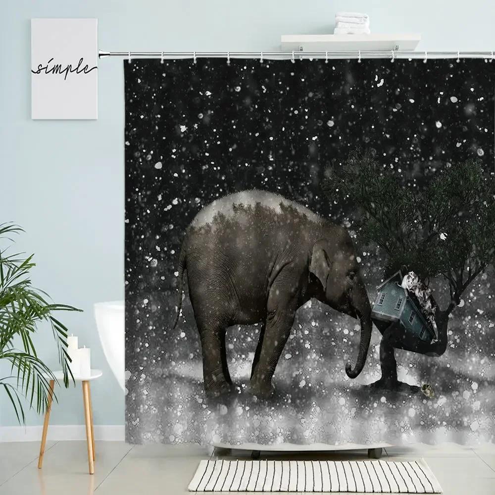 Elephant Shower Curtain Africa Wildlife Forest Natural Scenery Home Bathroom Wall Decor With Hook Waterproof Polyester Screen