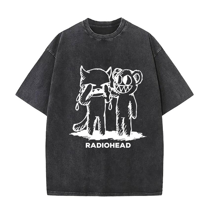 Vintage Washed Radiohead Tour  Print T Shirts Men Women Hip Hop Loose Pop British Rock Short Sleeve Tshirt Punk Streetwear