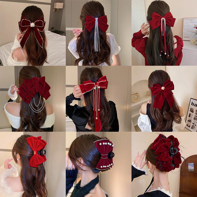 New Year Red Autumn and Winter Velvet Bead Diamond Bow Hairpin Sweet Internet Celebrity Head Senior Hair Accessories