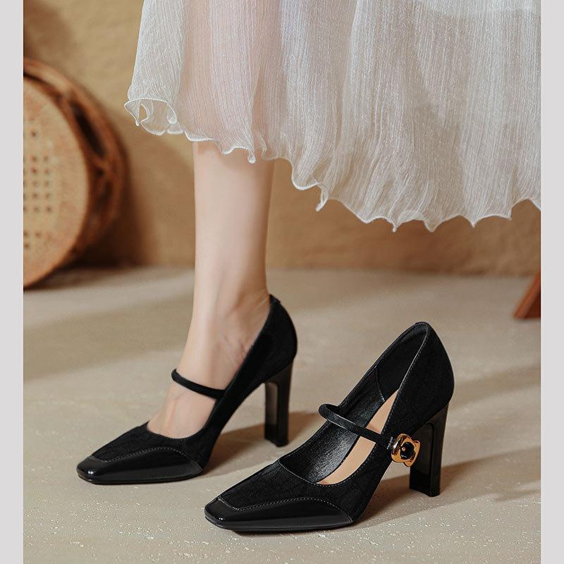 High-heeled Mary Jane shoes with red high heels thick heel sexy new splicing square head single shoes