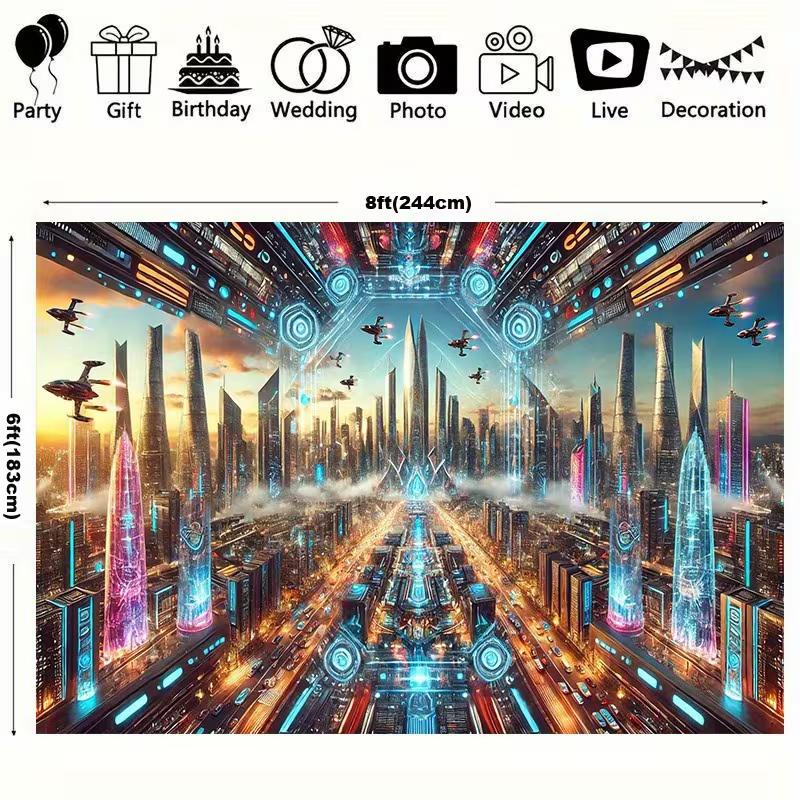 2D Neon Cyberpunk Metropolis Backdrop Futuristic Skyscrapers Photography Background