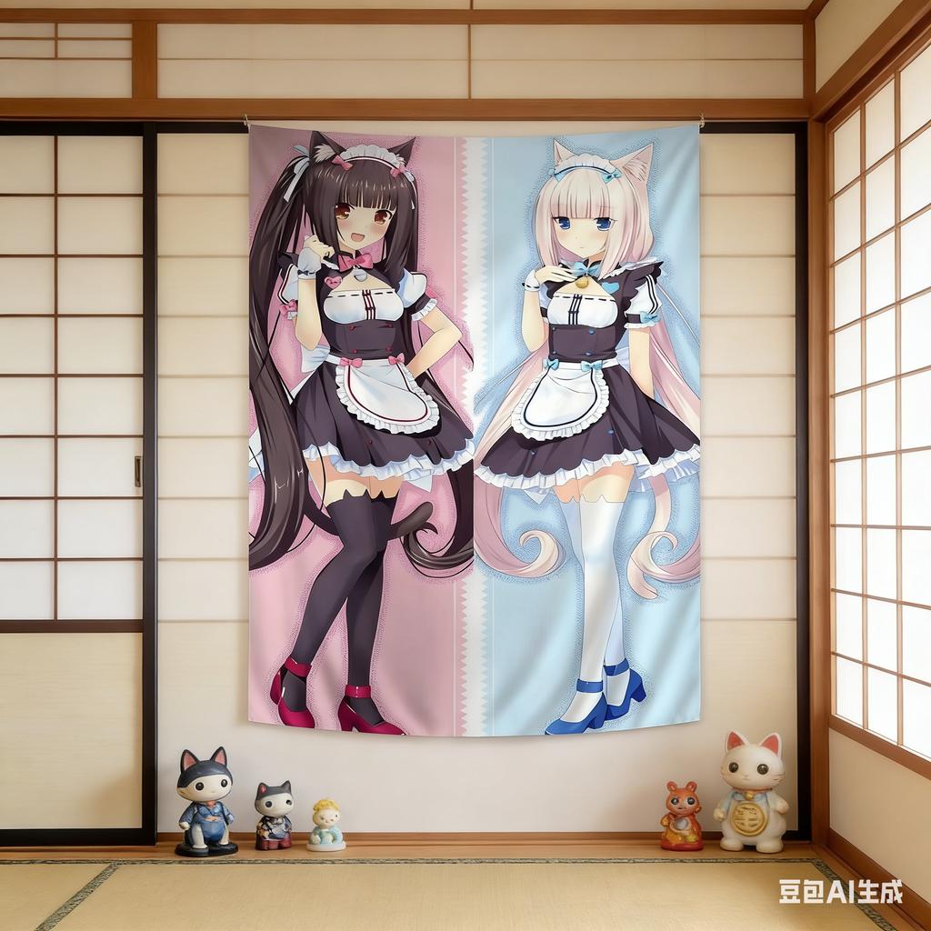 1Pc Kawaii Neko Maid Anime Wall Tapestry, Polyester 2D Print, Pastel Pink Blue Aesthetic Room Decor, Trendy Wall Hanging For Bed