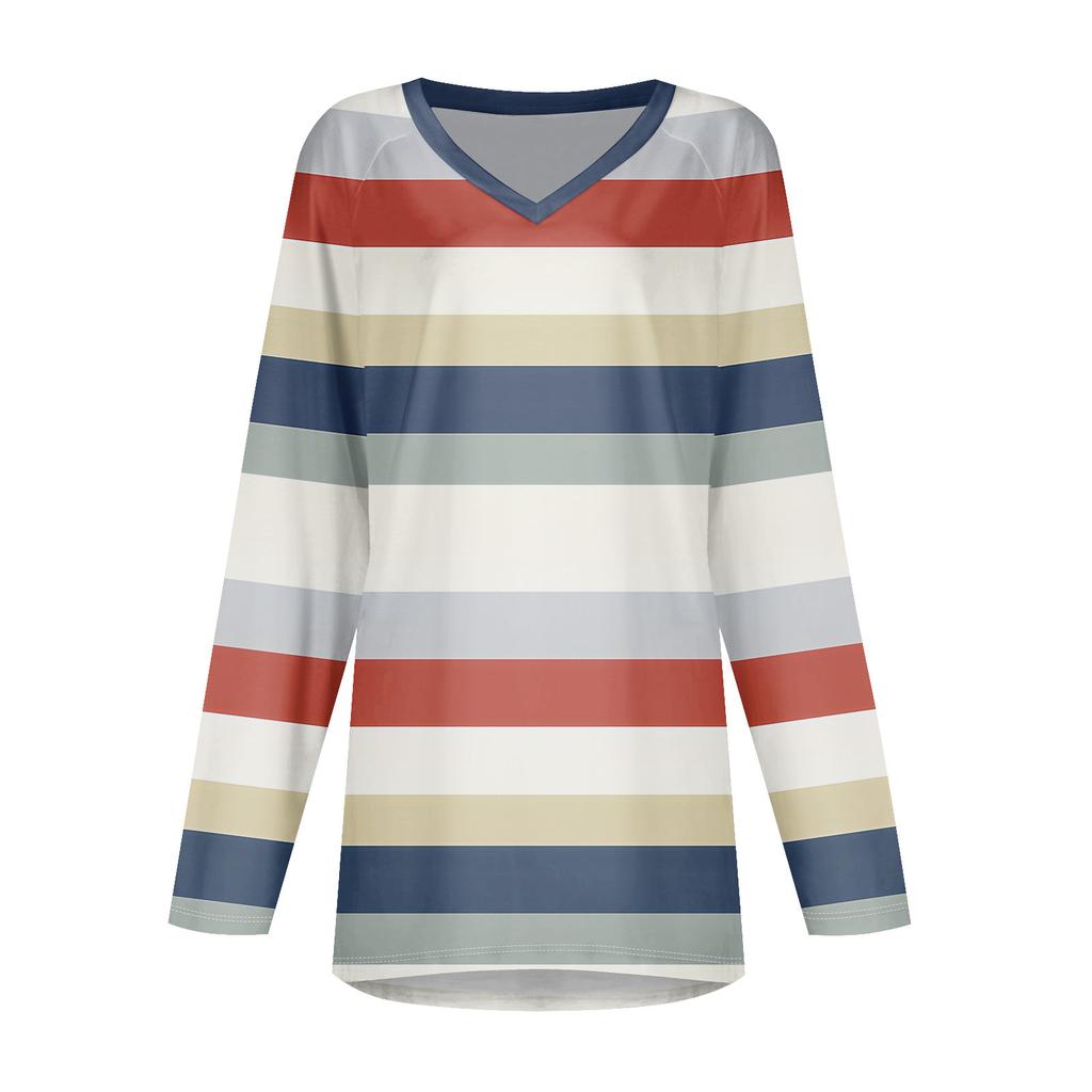 Women's  And Winter Long Sleeved V-neck Printing Casual Long Loose T-shirt Top