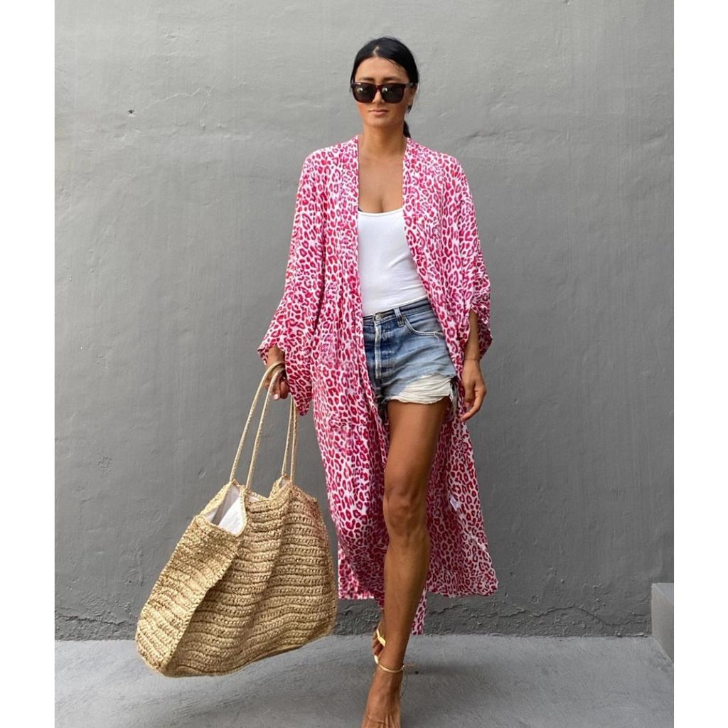 Leopard Print Long Cardigan Loose Large Size Beach Sunscreen Jacket Bikini Blouse