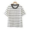 2025 Summer Women's Plus Size Jacquard Stripe Lace T-Shirt - Short Sleeve Fashion Slimming Top