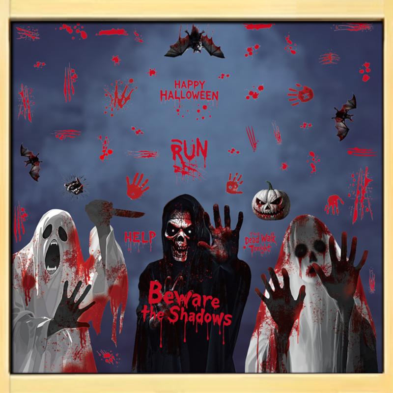 New 2025 Halloween Static Cling Stickers Scary Ghost Woman Bloody Handprint Window Decals For Spooky Party Home Decor