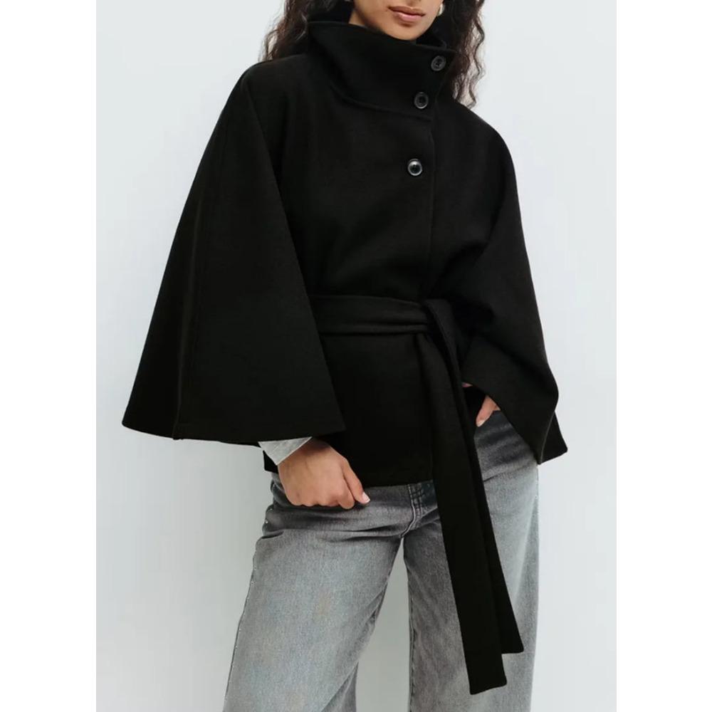 Fashion Solid Women's Lace Up Cape Coats Loose Stand Collar Batwing Sleeve Button Leisure Jackets