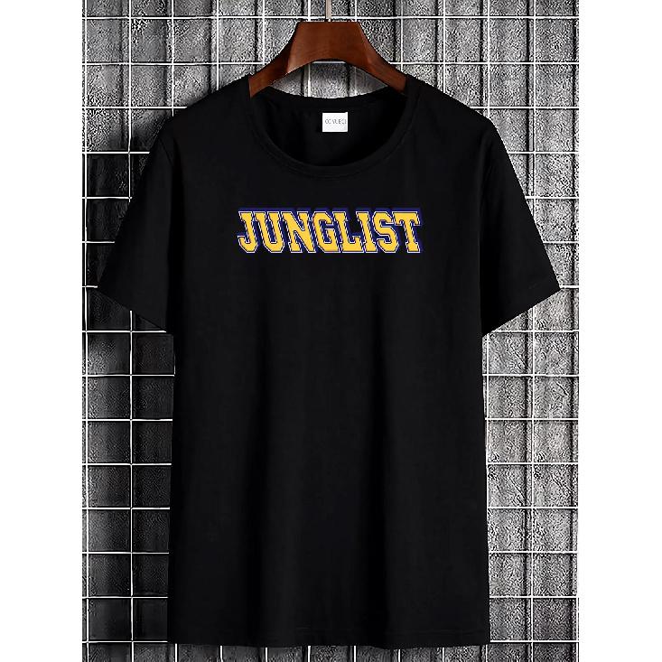 JUNGLIST RIZZLA STYLE T-Shirt - Black with Yellow And Purple Junglist Logo Print, Unisex Streetwear Casual Round Neck Short Sleeve, Breathable Soft S