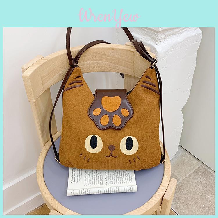Cartoon Cat Tote Bag With Embroidered Animal Details And Zipper Closure For Office And Casual Wear