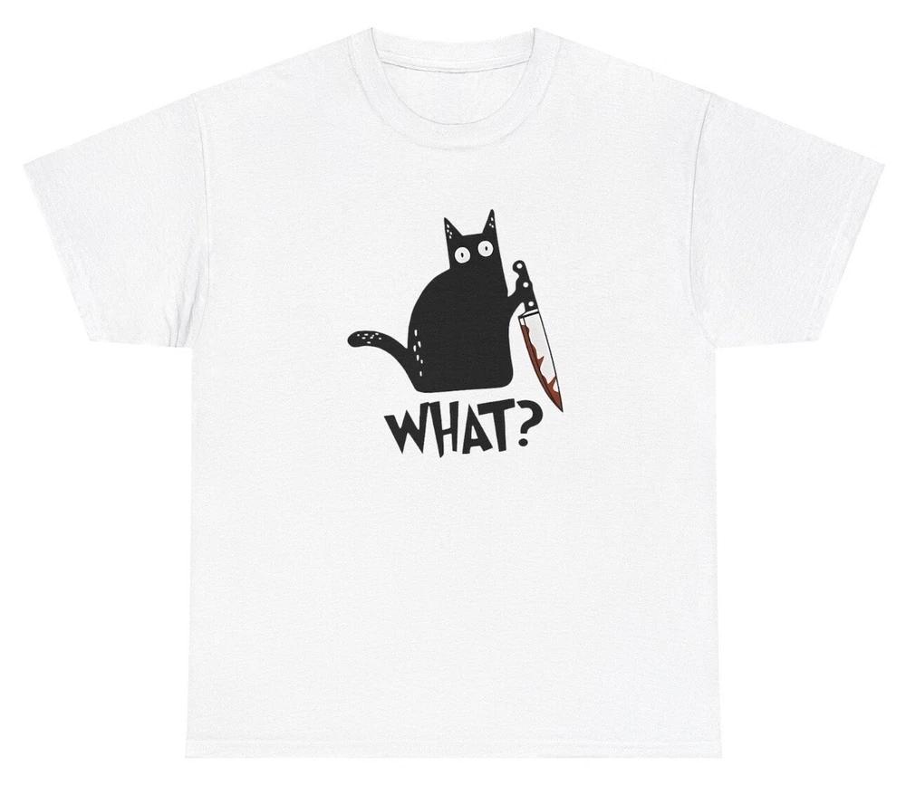 What Cat Holding Knife T Shirt Funny Cat Lover Silly Cursed Unhinged Gift Tee S