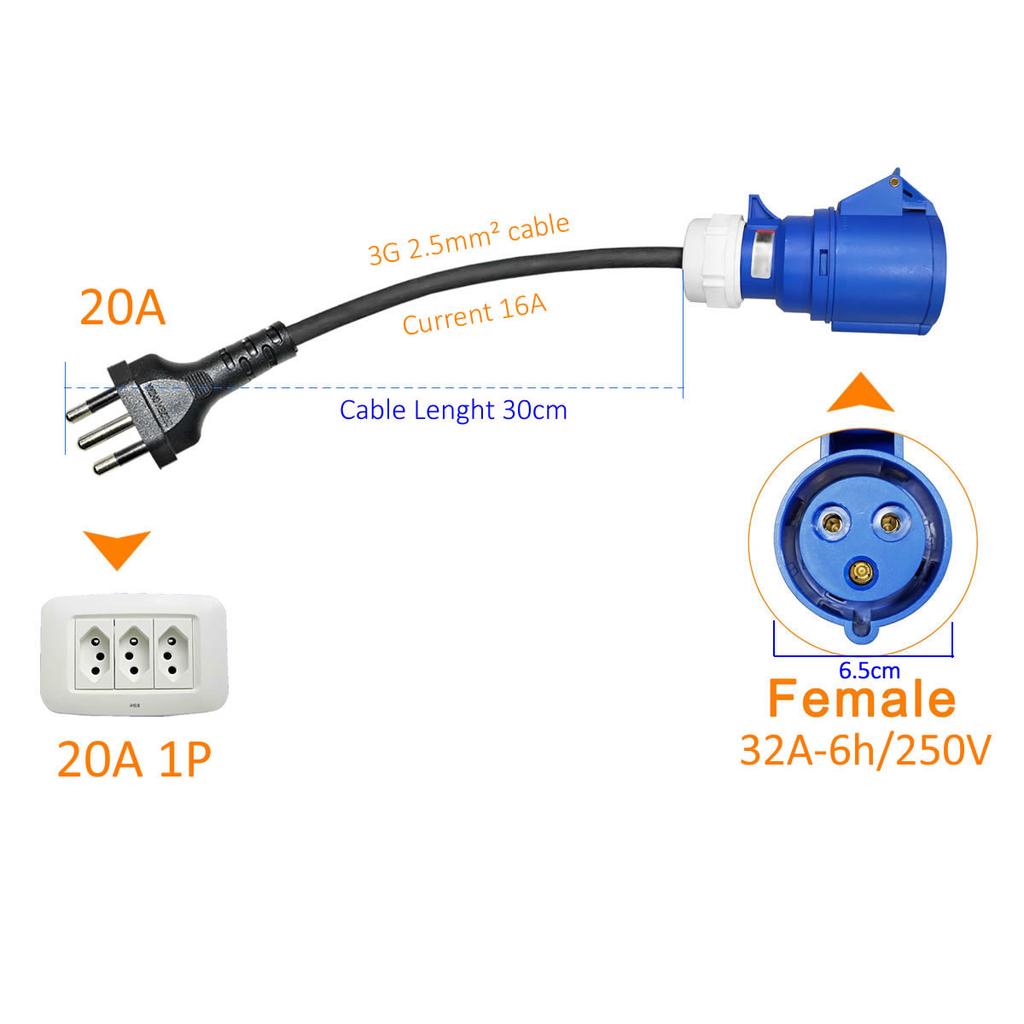 1-phase Blue Female CEE 32A Socket To 20A Brazilian Plug Adapter 7KW 32A To 3.5KW 16A Portable Electric Vehicle Charging Adapter