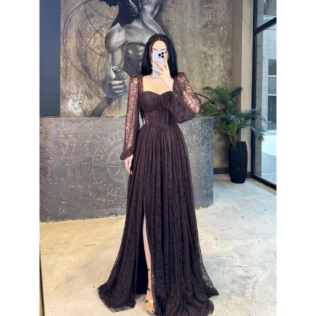 New Lace Waist Cinched Long Sleeve Maxi Dress, Elegant Evening Party Gown, European Style Long Dress for Women
