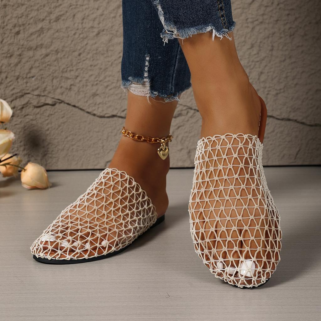Women Sandals Round Headed Fish Mesh Hollow Ballet Shoes for Summer New Fashionable Flat Bottomed Slides Women Slippers