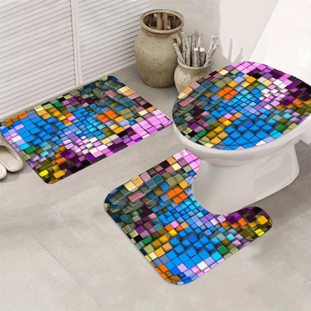 Color Check Decorative Shower Curtain Bathroom Set - Machine Washable, With 12 Hooks, Including Toilet Seat Cover And Bathtub Ma