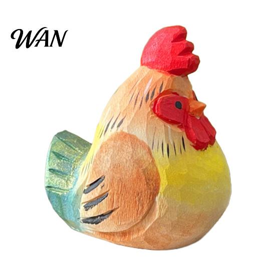 Fairy Tale Style Decoration Hand-Carved Wooden Rooster Figurine Farmhouse Chicken Sculptures Rustic Animal Statue Hand-painted Wood for Home