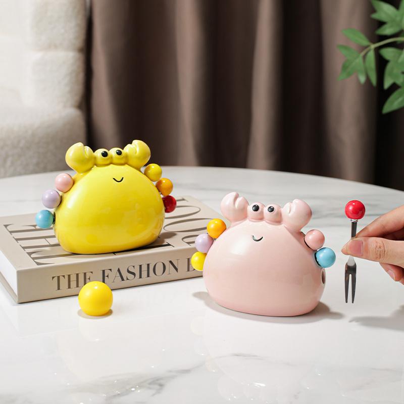Crab Fruit Fork Set With Ceramic Holder - Stainless Steel Dessert Forks & Cute Storage Jar Kit