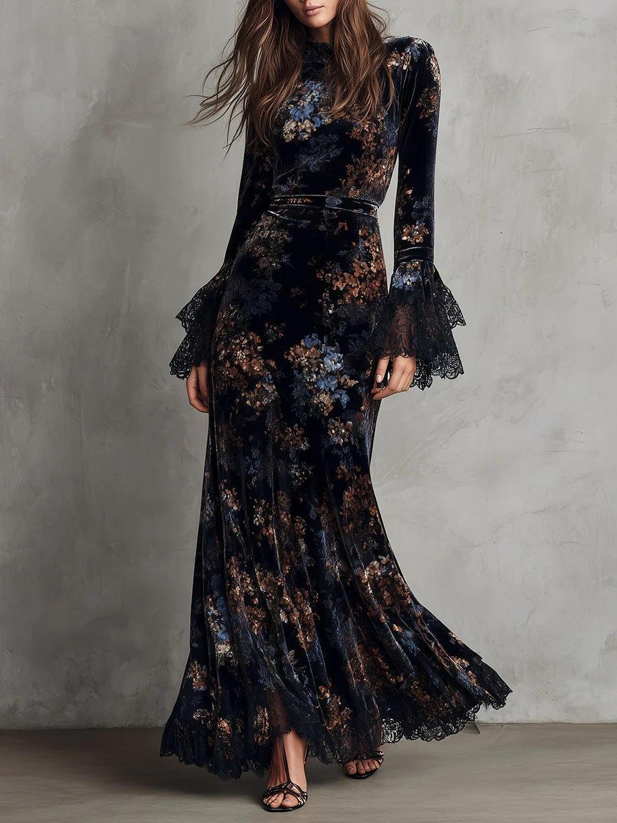 2026 blue retro printing temperament slim and thin velvet cheongsam dress dress European and American style autumn and winter long sleeves S