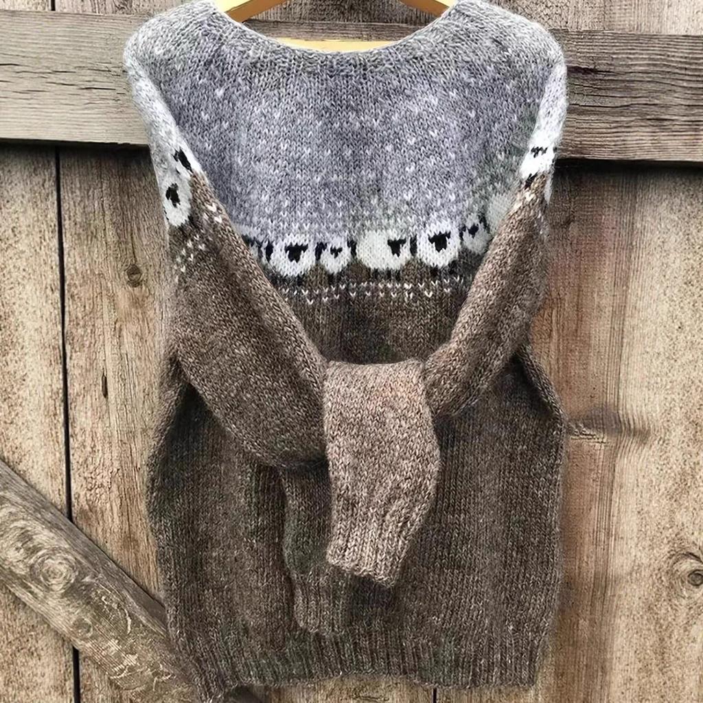 Multicolor Round Neck Knit Sweater with Sheep Pattern