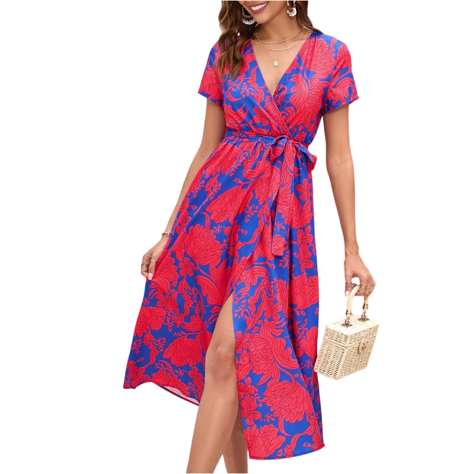 

Женские платья с принтом, V-образным вырезом, приталенные, средней длины, с коротким рукавом, с разрезом XL красный