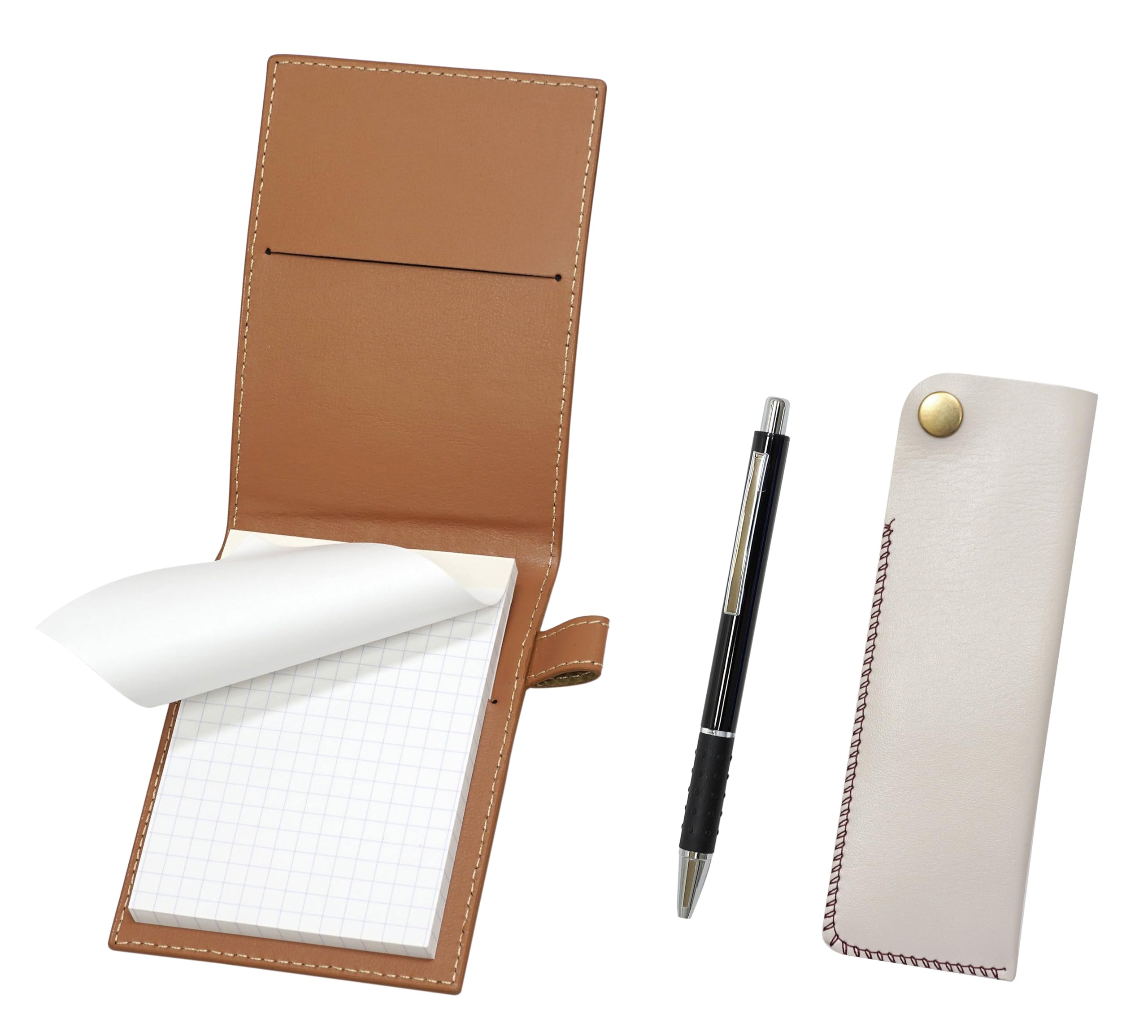 

Recycled cowhide mini notebook cover in with a white pen case and a black metal and pitch grip ballpoint pen set mocha, snap-closure чёрный