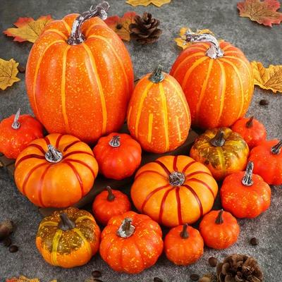 16pcs Artificial Foam Autumn Pumpkin Set Multi-Sized Decorative Pumpkins Thanksgiving Halloween Fall Decor Tabletop Centerpiece