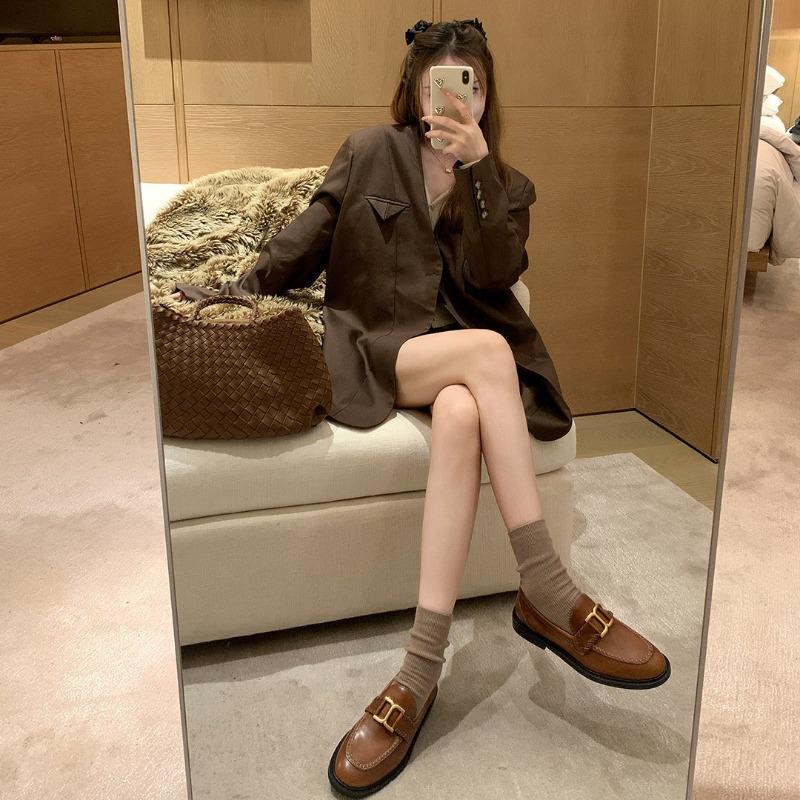 [] Houghton Manor~ British retro gold buckle cowhide lazy loafer single shoes women's small leather shoes