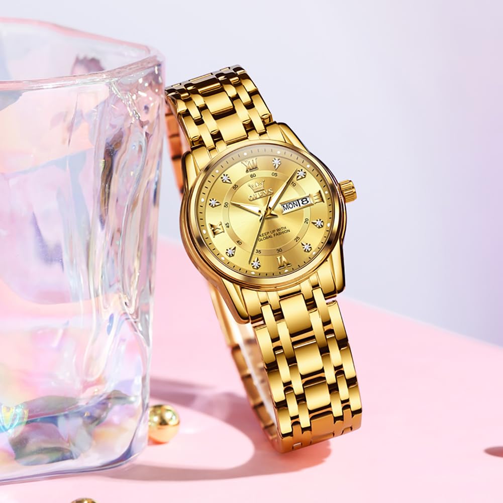 OLEVS Women's Scented Quartz Watch with Metal Band, Waterproof, Luminous, Date Display, Diamonds, Casual and Stylish, Gold