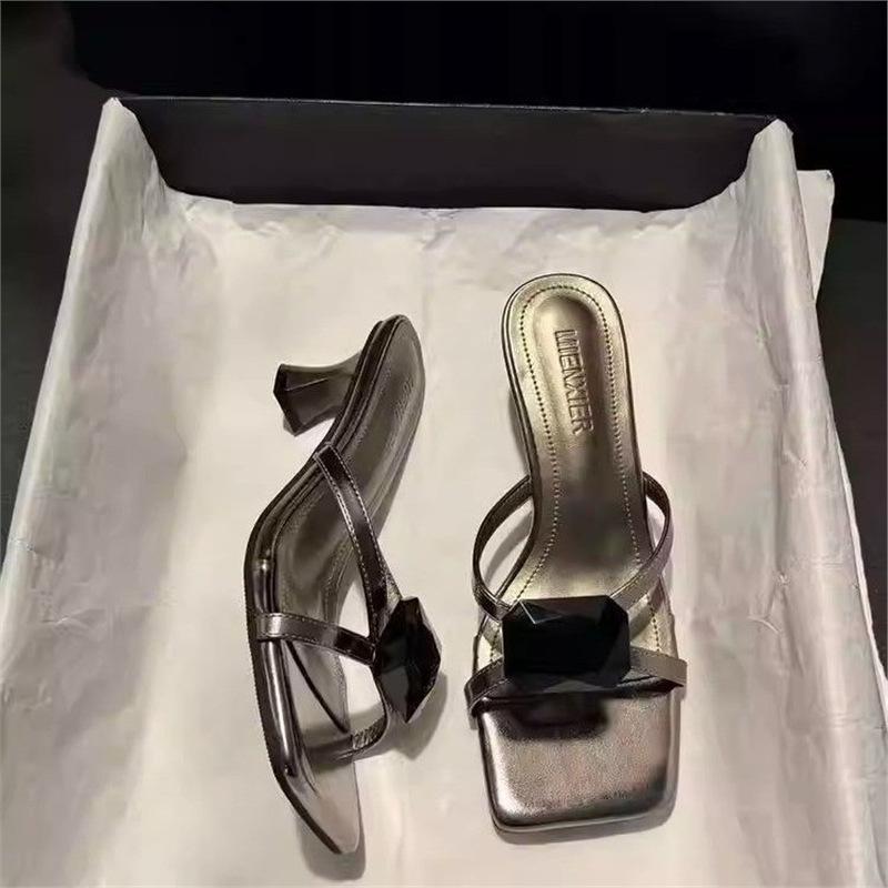 French high-end rhinestone cool slippers women's summer new wear square head exquisite temperament silver high heels sandals