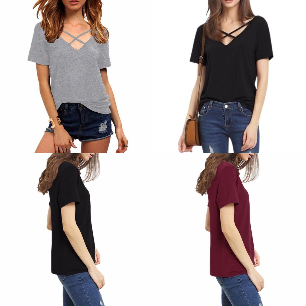 Stylowy Bawełniany T-shirt Damski Plus Size z Dekoltem V, Krótkim Rękawem, Luźnym Krój