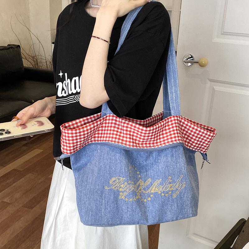 Women's Double-Sided Denim Bag Plaid Shoulder Tote Bag