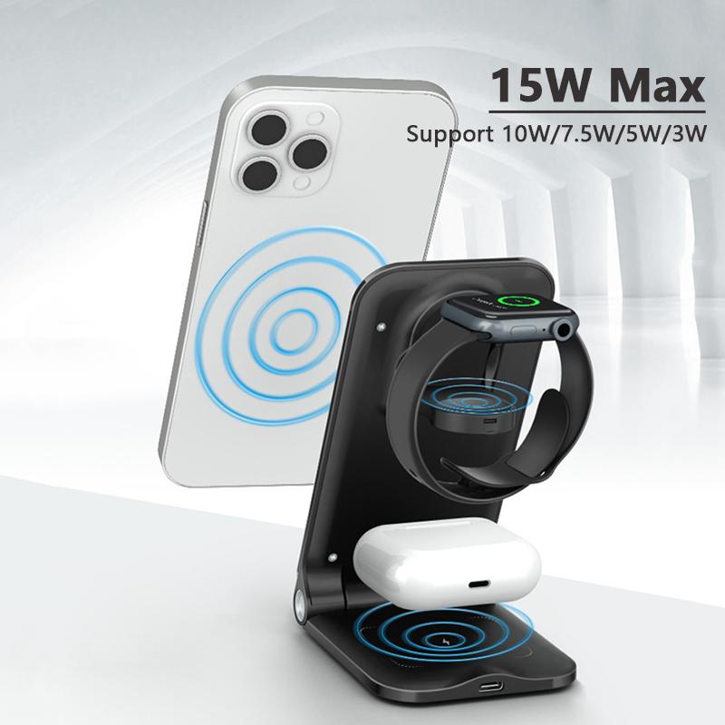 VAORLO 3in1 Qi Fast Wireless 15W Charger For Apple Watch For Airpods Charging Holder Dock Station For Iphone 14 14pro 13 13pro