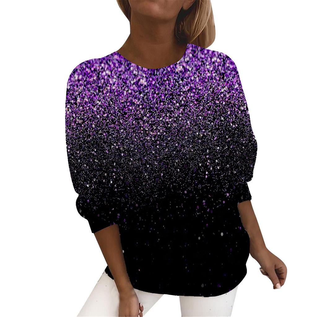 Modne Casualowe Damskie T-shirty z Okrągłym Dekoltem i Błyszczącym Nadrukiem 3D z Długim Rękawem