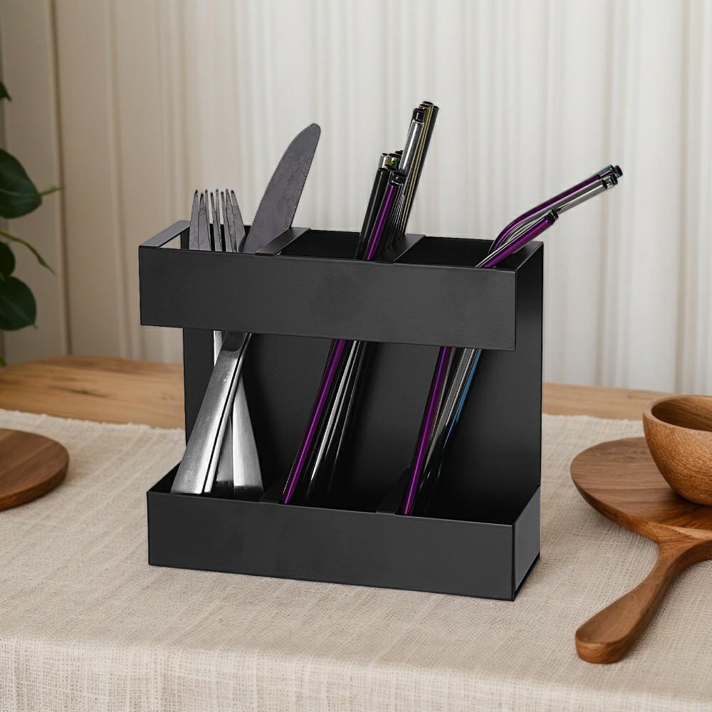 YH018-1 3 Slots Metal Straw Dispenser Organizer Rack Space Saving Kitchen Storage Shelf (Without Soft Magnetic Sheet)