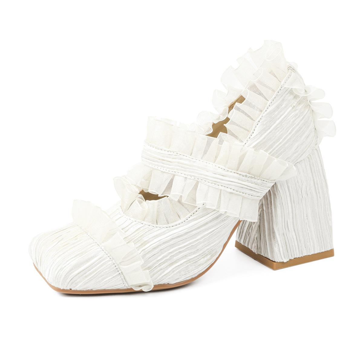 

Fashion Fashion Mary Jane Shoes Women Pumps Lace Pleated Square Toe Sweet Lolita Shoes Shallow Retro Elegant High Heels Wedding Ladies 40 белый