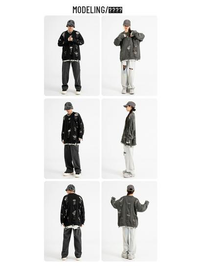 TIDE CARD LOG Nadměrný roztrhaný streetwearový svetr ve stylu dvoudílného kompletu pro muže a ženy