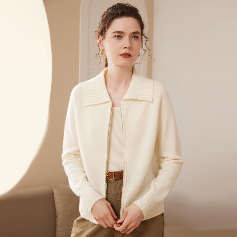 Autumn/Winter Cashmere Knit Cardigan Coat - Women's Long Sleeve Zip-Up with Large Lapel