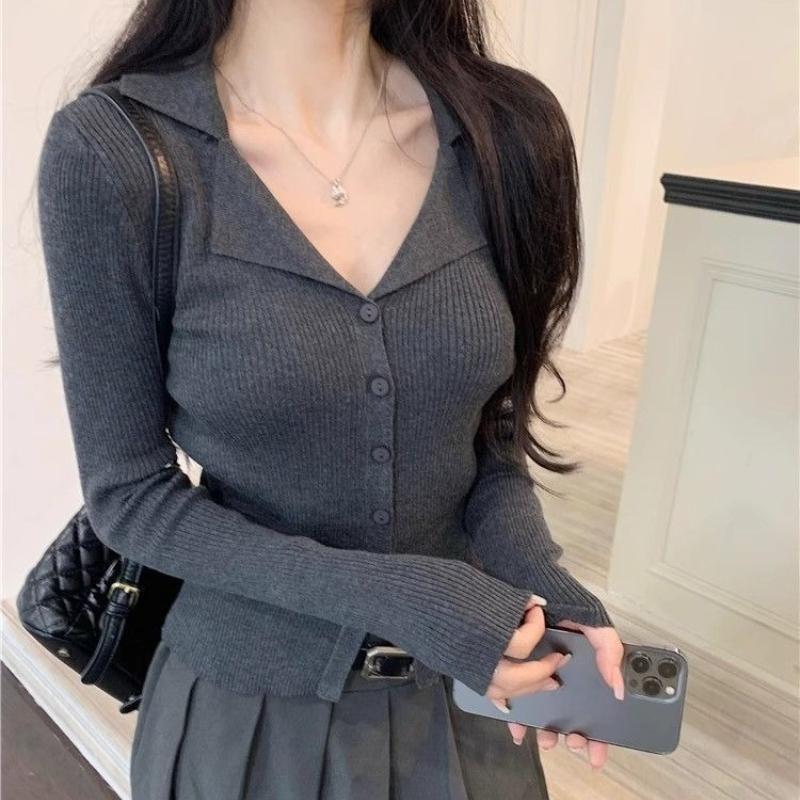 Coat Cover Up Long Sleeve Gray Cardigan Women Early Fall V Neck Turn Down Collar Knit Top Slim Fit Base Layer Shirt