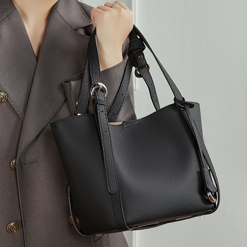 Niche Design TC Cowhide Large-capacity Leather Fashion Handbag Deformable Commuter Vegetable Basket Bag Bucket Women's Bag