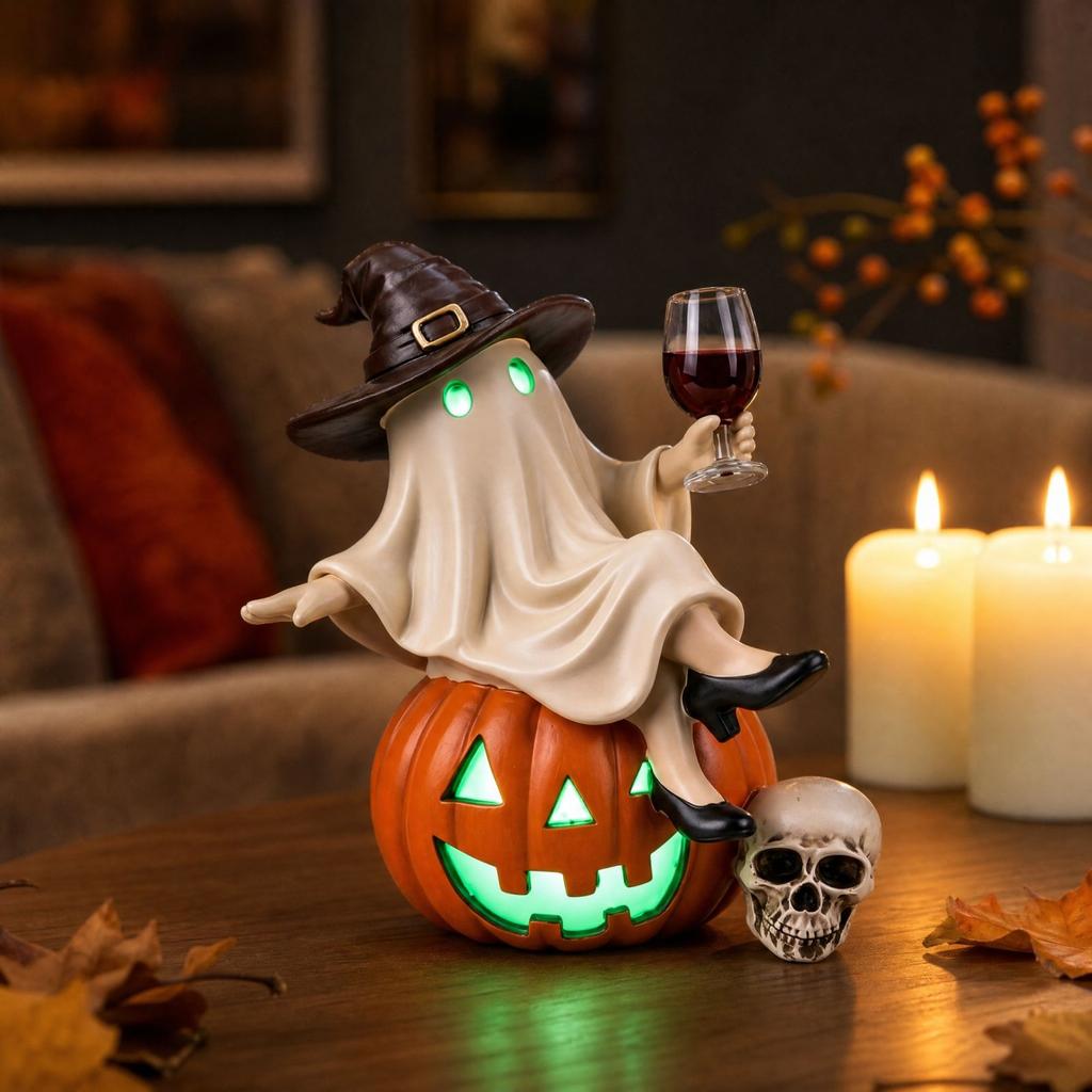 Halloween Holding a Wine Glass Resin Lamp Ornament, Plug-In Lighted Decoration