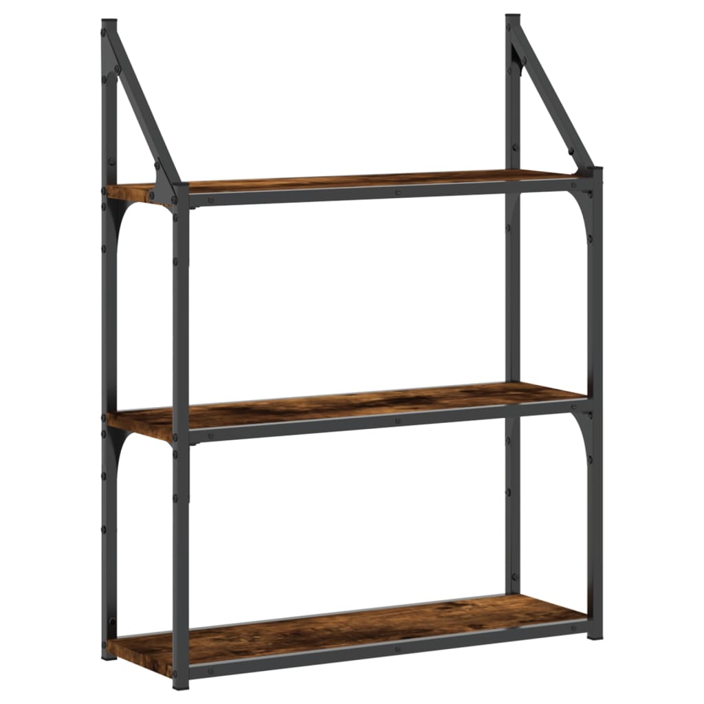Wall Shelf with 3 Shelves Smoked Oak Finish 60 X 21 X 78.5 Cm Wood Based Material