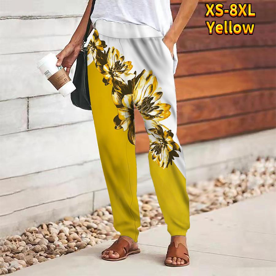 Women Flower Printing Pants Lace Up Elastic Waist Loose  Trousers Casual Long Pants Trousers with Pockets