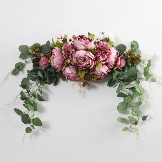 Artificial Peony Flower Swag with Green Leaves Wedding Party Arch Flower Welcome Sign Decorative Floral Swag Door Lintel Wall Window Decor