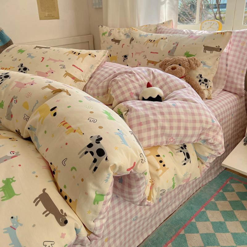 Sleeping Grid INS Age Reducing Cute Cartoon Style 40 Count Cotton Four Piece Set