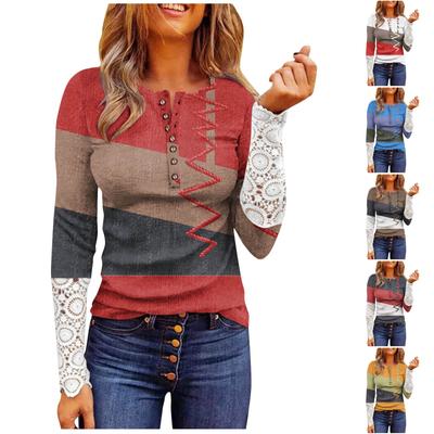 Women's Round Neckline With Buttons Slim Printed Stitching Lace Long Sleeve Top